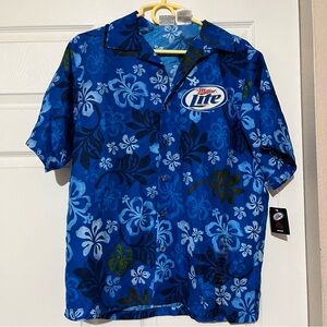Miller Lite Blue Hawaiian Shirt Double Sided Tropical Floral Print Sz M new